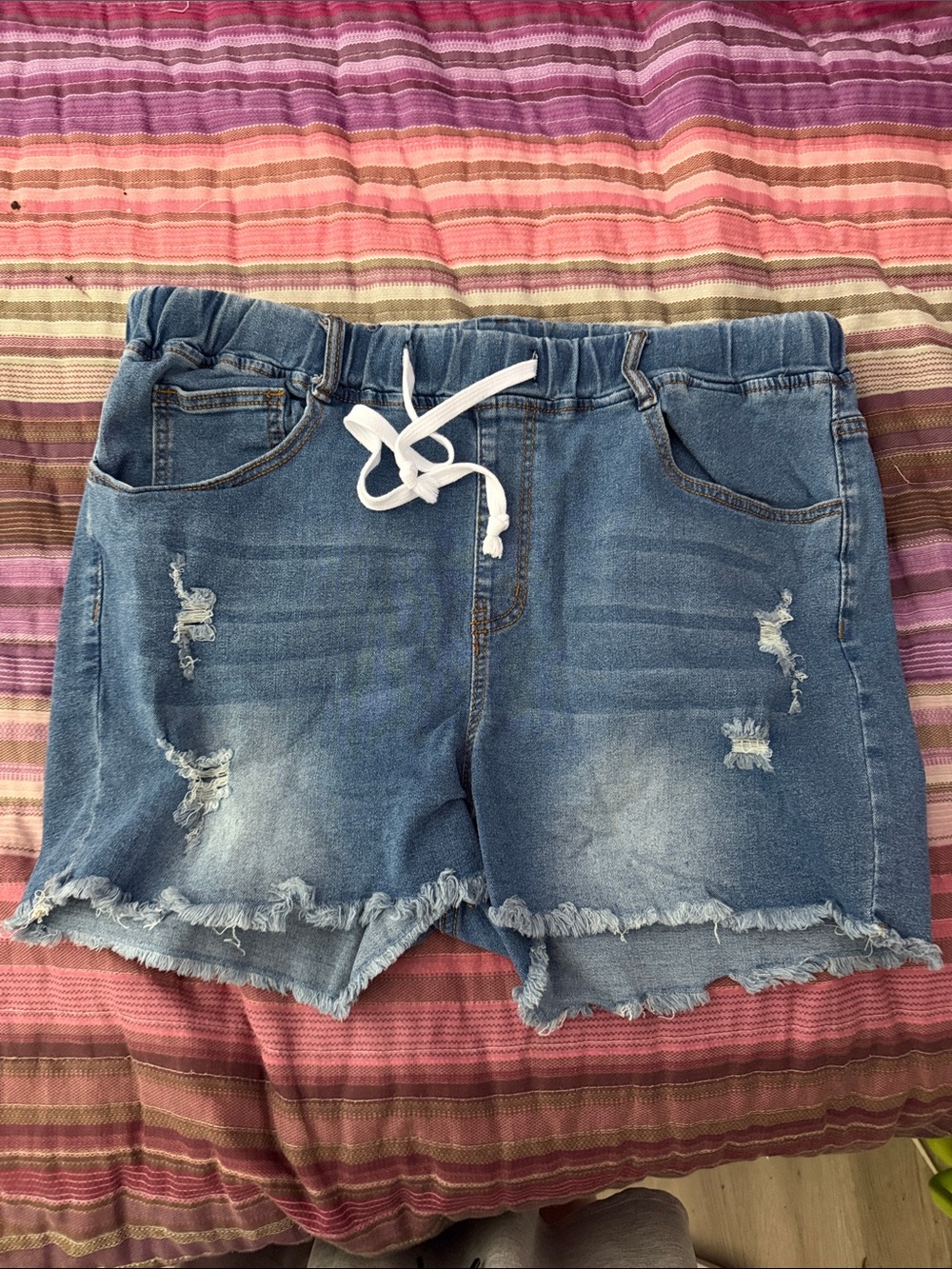 SHEIN Blue Distressed Drawstring Denim Shorts
